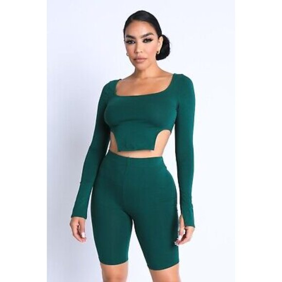 Women Side Cutout Square Neckline Crop Top And Matching Biker Shorts 2 Piece Set - Picture 9 of 9